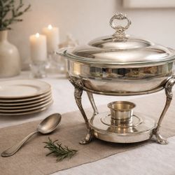 F.B. Rogers 1960s Silver Plate Chafing Dish Food Warmer Fire-King Insert