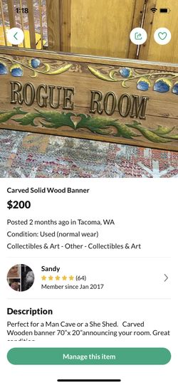 Perfect for a Man Cave or a She Shed.   Carved Wooden banner 70”x 20”announcing your room. Great condition  