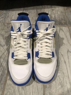 White black & blue air Jordans, size 10