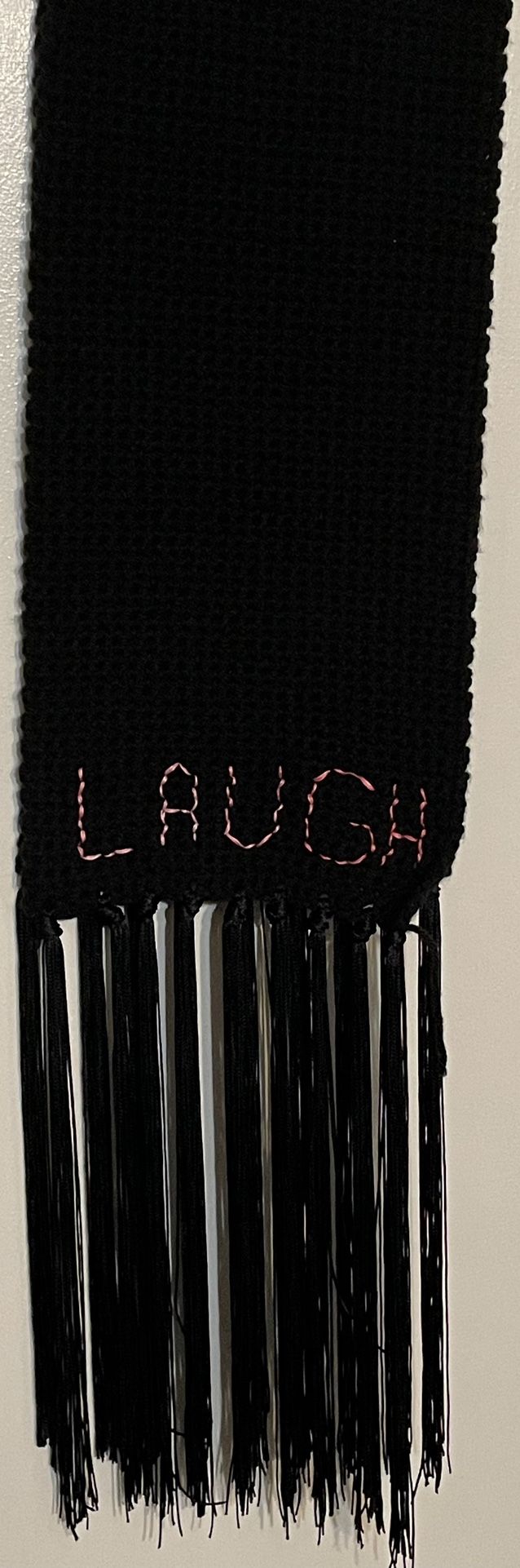 42”-long (minus fringe) Love/Laugh Black Scarf