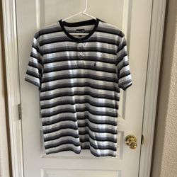Men’s Volcom Snap Up Front with Black, Gray and White Striped Shortsleeved T-Shirt - Size Large 