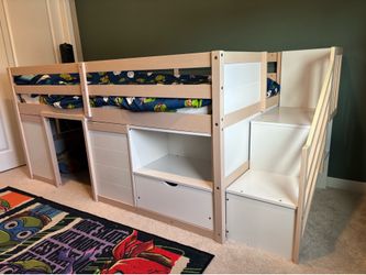 Wood Twin Size Low Loft Bed with Playhouse Loft Bed Frame with Drawer