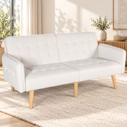 57'' Modern Striped PU Leather Loveseat Sofa w/ 2 USB Charging Ports, white