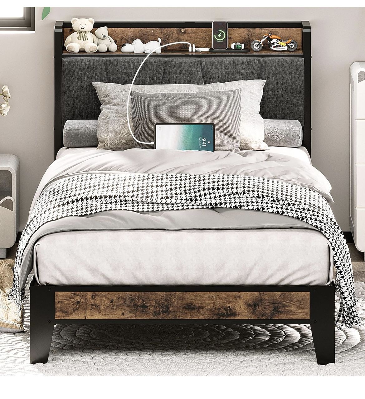 LIKIMIO Twin Bed Frames, Storage Headboard with Charging Station, Solid and Stable, Noise Free, No Box Spring Needed, Easy Assembly