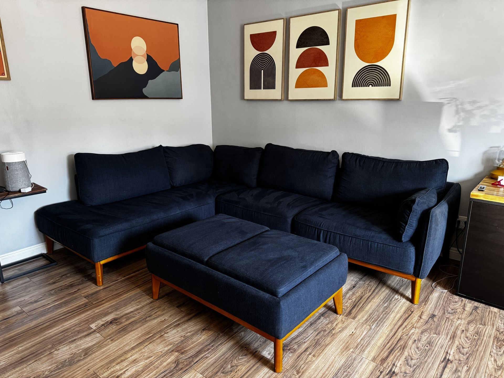 Macys Jollene - Mid-Century Modern Sectional Sofa w/ Ottoman