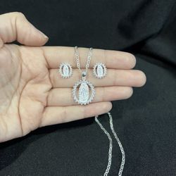.925 Sterling Silver Virgin Virgen Mary CZ Pendant Mariner Chain & Earrings SET