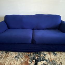 Cozy Loveseat Sofa with Navy Slipcover 