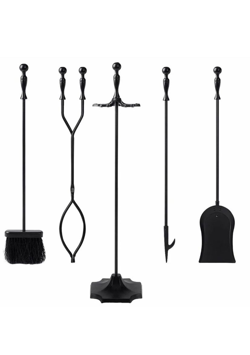 Set of 5 Tools Black Wrought Iron Fireplace Fire Pit Toolset Tool Set Poker Shovel Brush