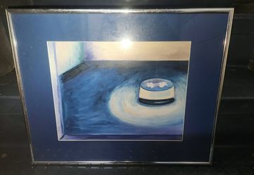 Mid-Century Modern Style Blue Abstract Still Life Painting – Silver Framed