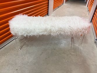 White Faux Fur Bench with Acrylic Legs