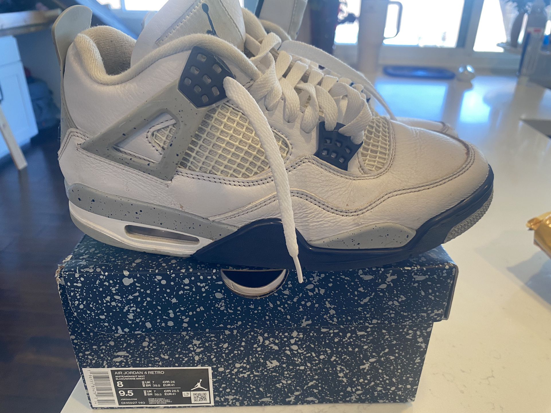 Air Jordan 4’s (Size 8) White/Navy Blue