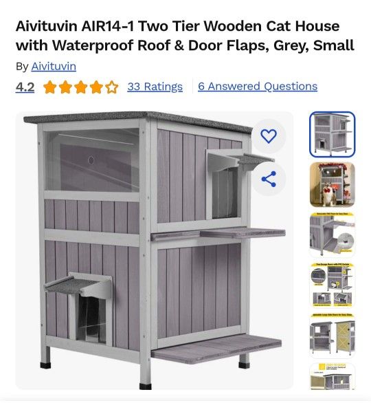 Aivituvin AIR14-1 Two Tier Wooden Cat House with Waterproof Roof & Door Flaps, Grey, Small
