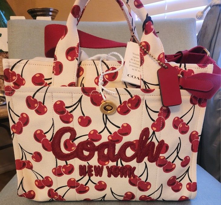 NWT Coach Large Cargo Cherry Print Canvas Tote Satchel Crossbody Bag