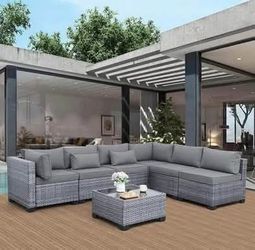 New in Box 7 Pc Outdoor Patio Furniture Gray Cushion and wicker Conversation Rattan Set