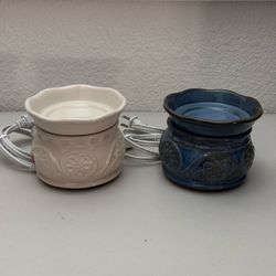 SC Johnson & Son Ceramic Wax Warmers Plate + Dish Round Floral Bundle of 2 Blue & White