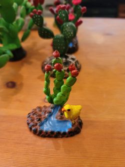 Chick and Nopales Prickly Pear Cactus Near Creek Mexico Vintage Folk Art Pottery Figurine Hand Painted Clay Wire 
