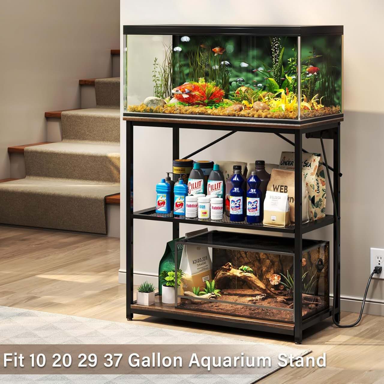 Fish Tank Stand 10-20-29-37 Gallon, 1000LB Capacity Aquarium Stand with Charging Station