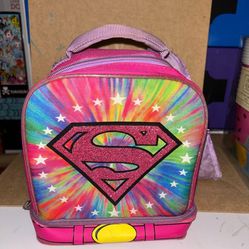 Pink & purple Supergirl/man lunchbox with removable cape
