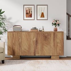 55”Buffet Cabinet Sideboard with Storage, Farmhouse Coffee Bar Cabinet with 4 Doors & Adjustable Shelves, Oak Wood Mid Century Modern Sideboard for Li