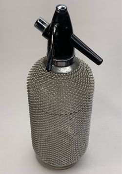 Vintage Soda Siphon Seltzer Bottle Glass Metal Mesh Art Deco