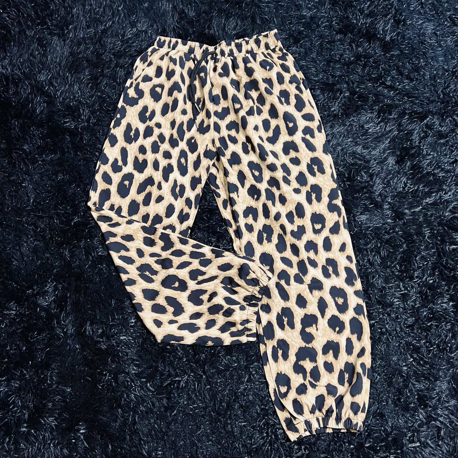 Leopard Print Elastic Pants Drawstring High Waist Pants Casual Every Day Pants cargo trousers joggers animal print 