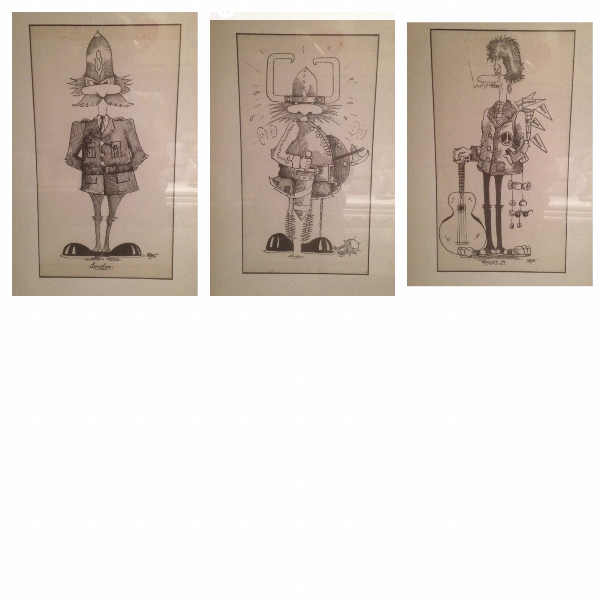 VINTAGE SET OF 3 EXTREMELY RARE HANS DONNER ORIGINAL INK DRAWINGS-signed, matted and framed