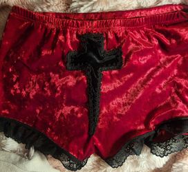 Red Crushed Velvet Shorts with Black Lace Trim