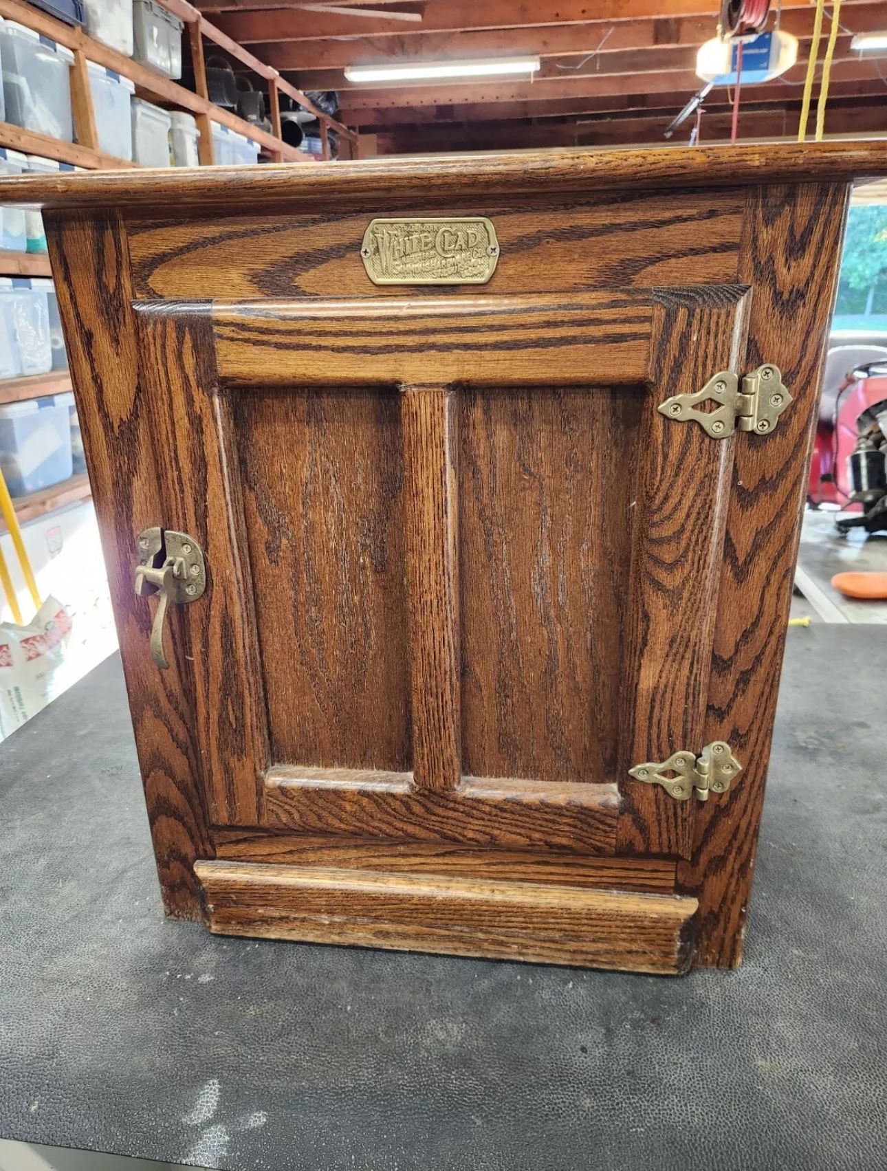 Vintage White Clad Ice Box Oak End Table/Nightstand Simmons Hardware St Louis