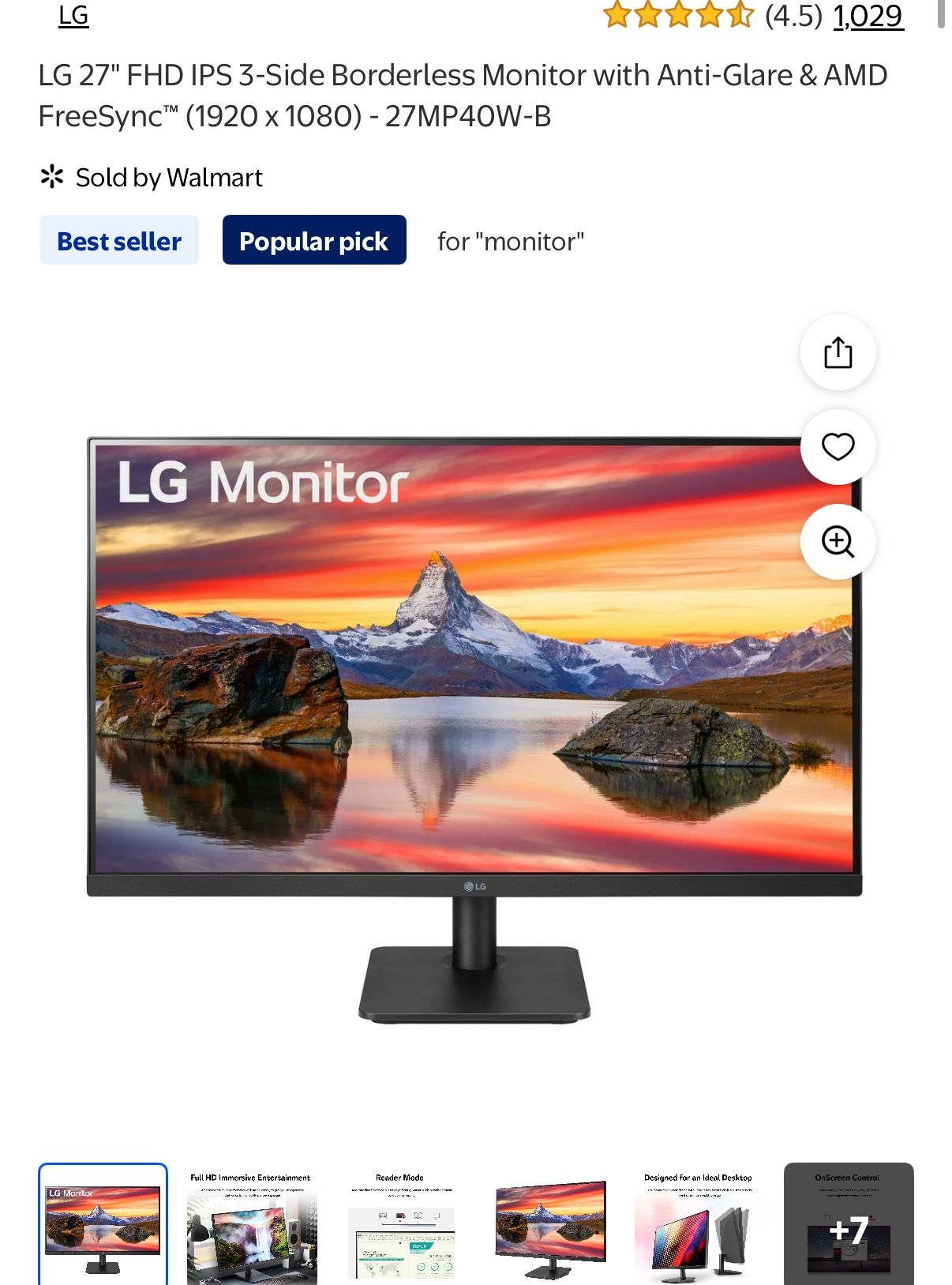 LG 27" FHD IPS 3-Side Borderless Monitor with Anti-Glare & AMD FreeSync™ (1920 x 1080) - 27MP40W-B