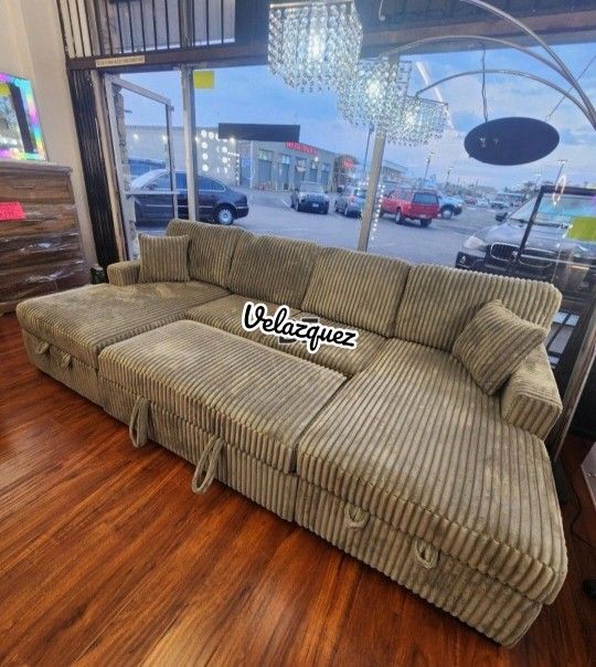 ✅️✅️3 pc Ash grey corduroy fabric sectional sofa with double storage chaise and pop up sleep area in center✅️✅️