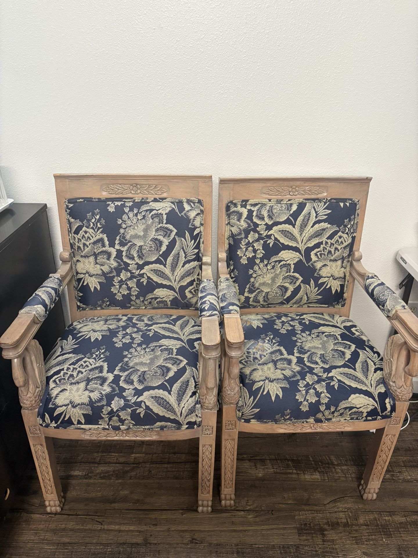 Price Drop -I Used Expired UpholsteMOVING SALE- 2 (21x21x39H) 19 in Arm Chairs(matching) Beautiful blue Brocade Fabric arm Chairs