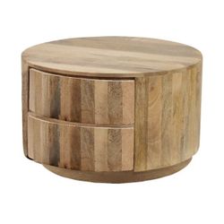 Pemberly Row Modern 2-Drawer Round Wood Coffee Table in Brown