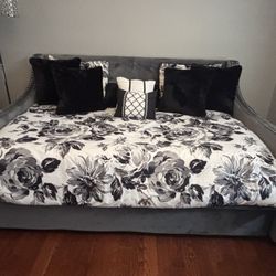 As-Is Full Grey  Upholstered Daybed with Twin Trundle &  Mattresses. 