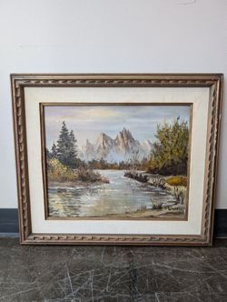 Stowell Signed Vintage Mountain River Landscape Oil Painting