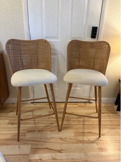 Rattan Bar Stools Set of 2,Rattan Counter Height Bar Stools Set of 2, Boucle Fabric Upholstered Barstools with PE Rattan Cane Back, Bar Chairs Counter