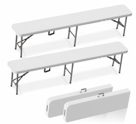 Set of 2, 72"/ White / Outdoor Picnic Bench,Feet Foldable Plastic Folding Portable Bench for Indoor