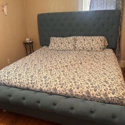 King Bed Frame Blue Upholstered 
