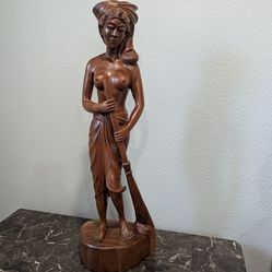 Vintage Balinese Hard Wood Carving Sculpture Woman Holding Broom About 24"tall
