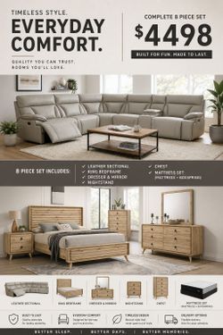 BIG SALE! BRAND NEW LEATHER SECTIONAL, KING SIZE BEDROOM SET INCLUDES MATTRESS SET