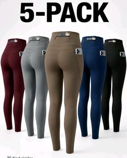 Size M Women's 5-Pack High Waist Leggings with Zipper Pockets, Non-See-Through, Quick-Dry & Moisture-Wicking for Yoga, Running, and Training, Outdoor