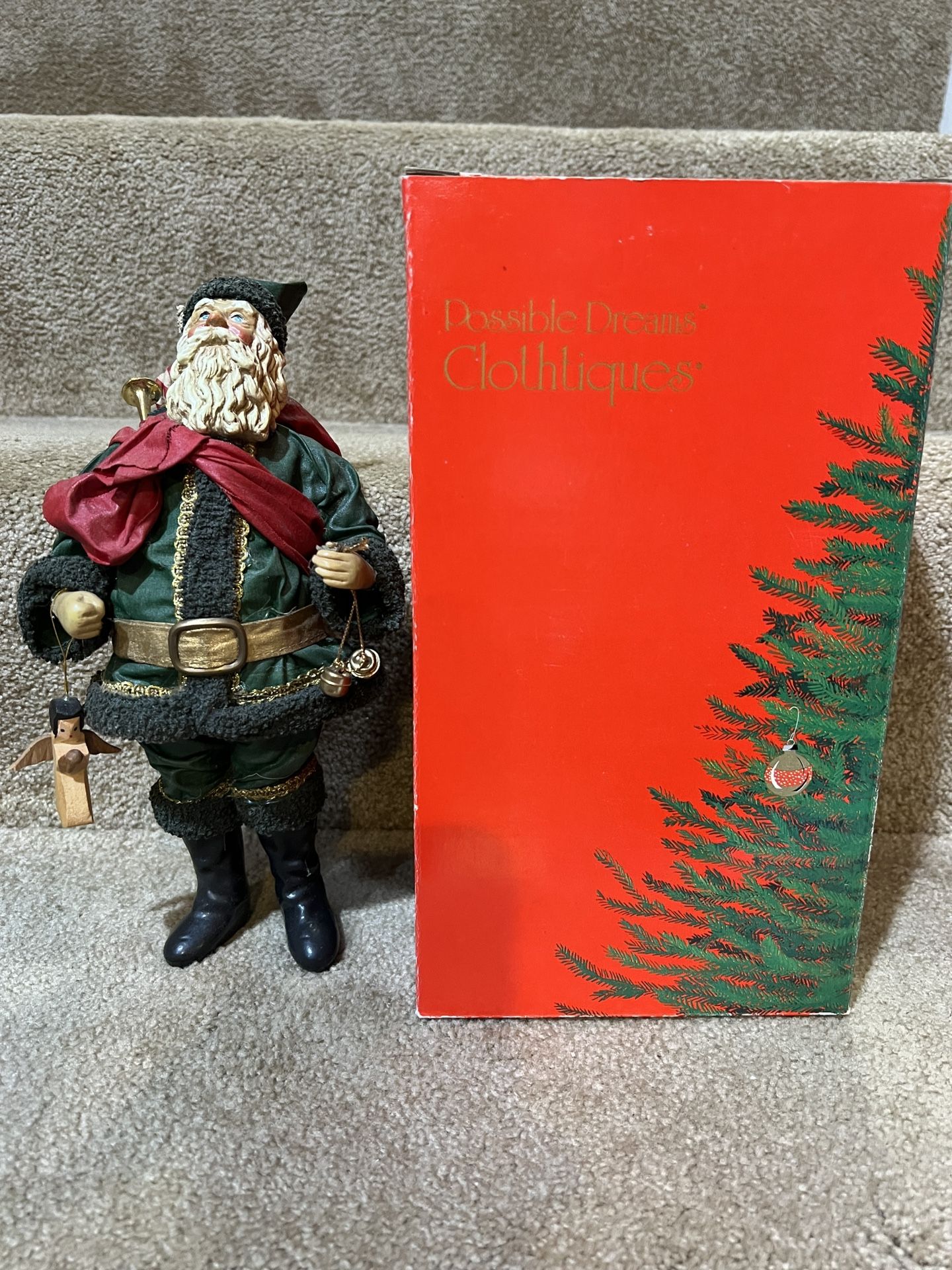 Vtg Clothtique Possible Dreams Santa 1987 Green Coat Bag of Toys bells