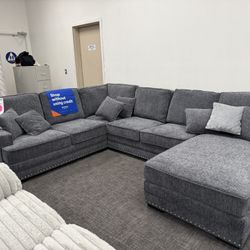 Dark Gray Sofa Sectional W/ Chaise Lounge Set - EZ $10 Down Payment Options Available 