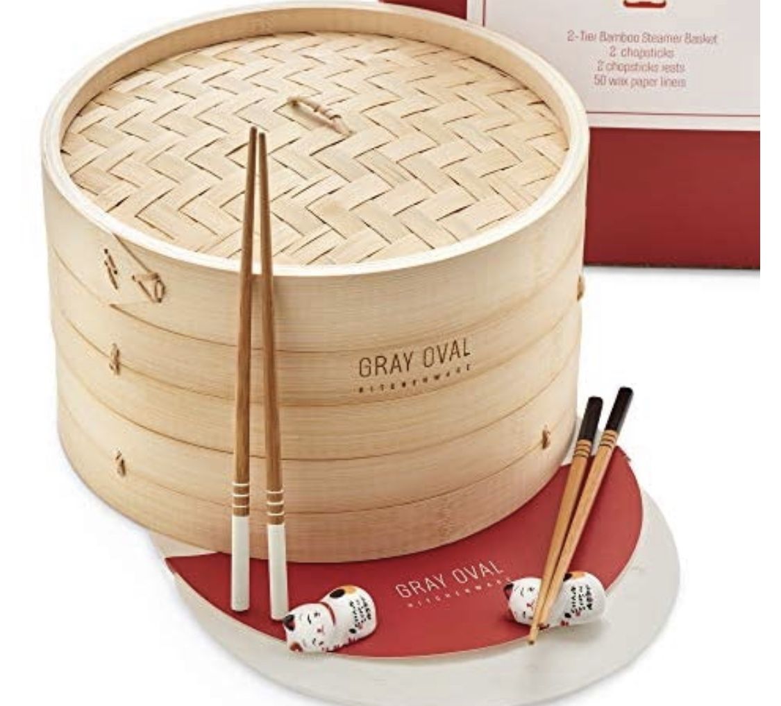 Gray Oval - 10 inch Bamboo Steamer Basket 2-Tier (2 Pairs of Chopsticks & 2 Holders, 50 Paper Liners) - Bamboo Dumpling Steamer Basket, Steam Basket f