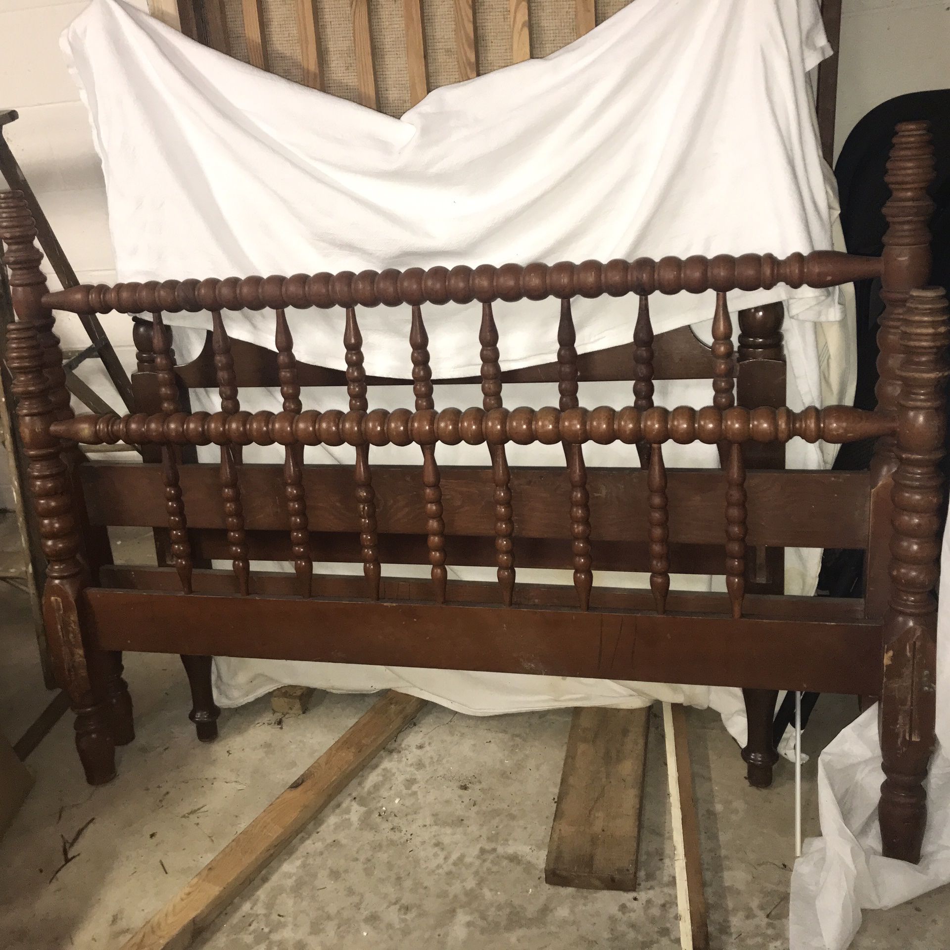 Full SIZE ANTIQUE SPOOL BED  & TALL CHEST