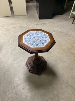 Octagonal Wood Pedestal Side Table with Tile Top