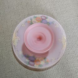 1930’s Tiffen Serving Plate & Bowl, Pink Satin Reverse Painted Glass Gold Accent