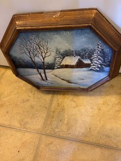 Framed Winter Landscape Oil Painting