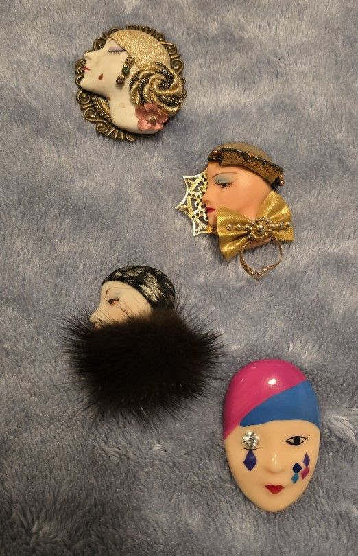 Vtg. Art Deco Brooch/Pin Lady Face Flapper Jewelry Lot Of 4