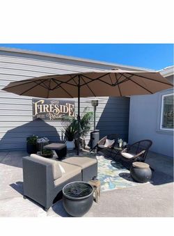 F) Market umbrella for patio with base, 15 feet, double-sided, brown $80