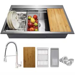 AKDY Handmade All-in-One Topmount Stainless Steel 33 in. x 22 in. Single Bowl Kitchen Sink w/ Spring Neck Faucet, Accessory